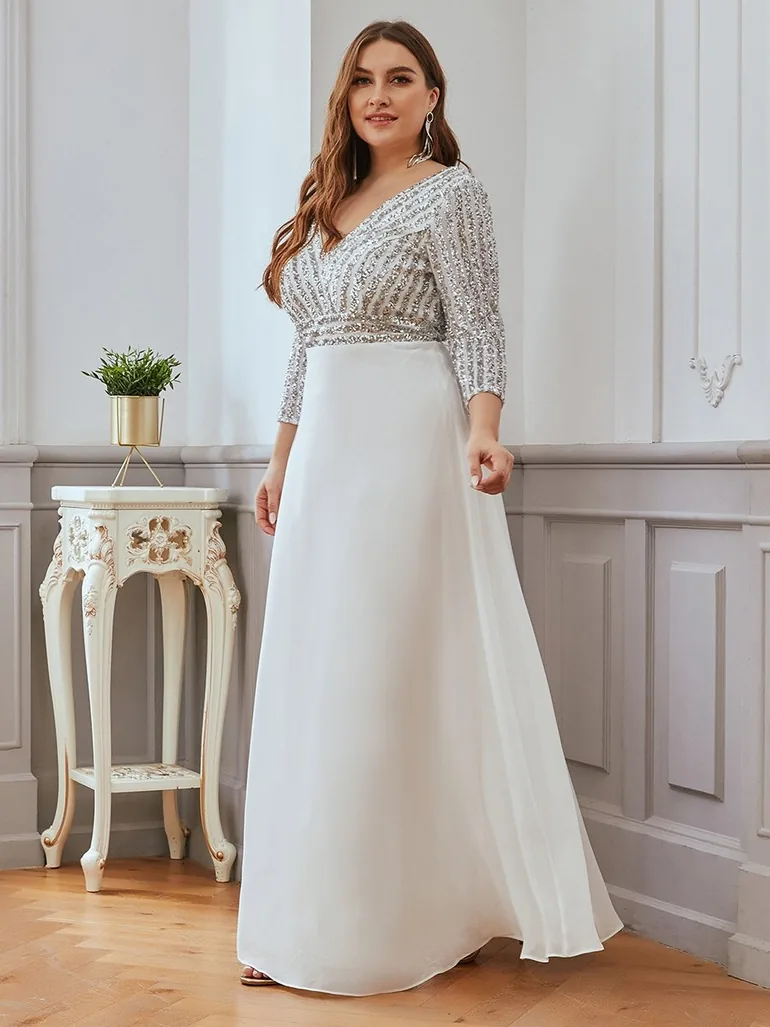 ever LUENA|Sexy V Neck Sequin Evening Dresses with 3/4 Sleeve - 3