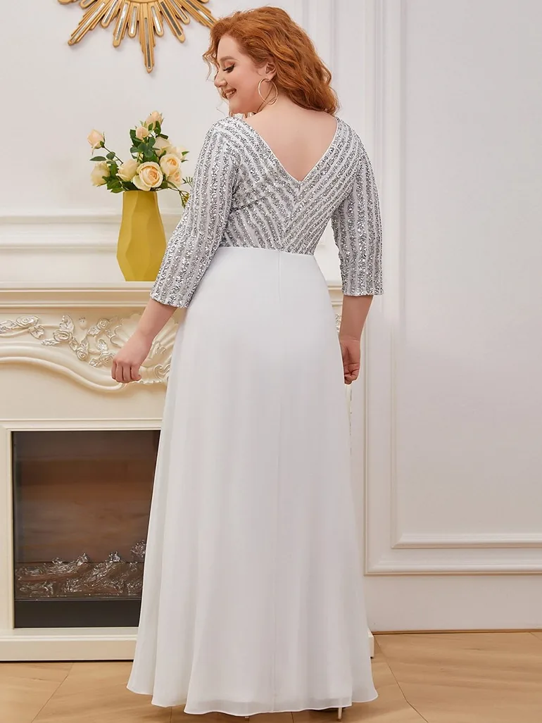 ever LUENA|Sexy V Neck Sequin Evening Dresses with 3/4 Sleeve - 2