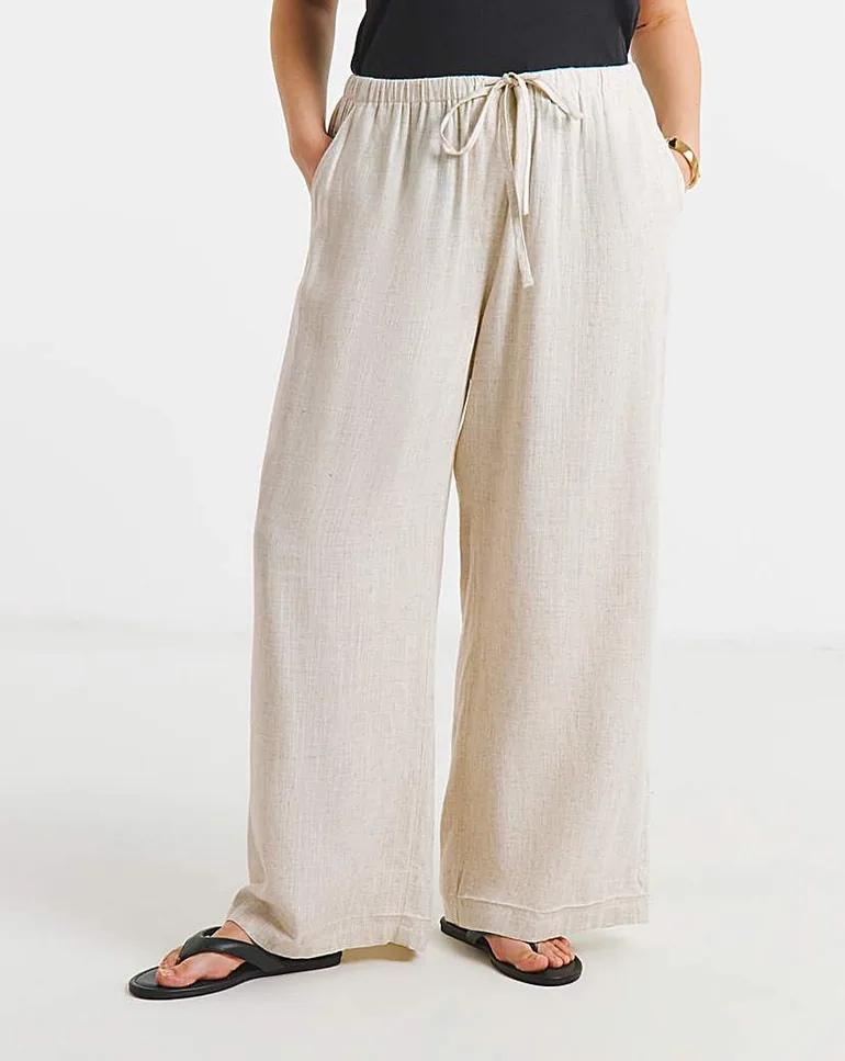 Tie Waist Wide Leg Linen Mix Trousers - 3