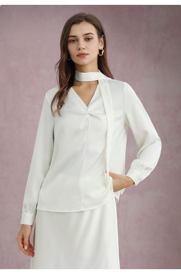 Ribbon V-Neckline Twist Detail Satin Top in Cream product thumbnail 2