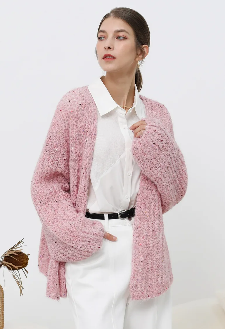 Colorful Sequin Open Front Cozy Knit Cardigan in Pink - 1