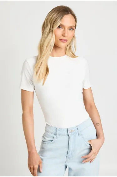 Petite Double Layer Slinky Short Sleeve Bodysuit - white