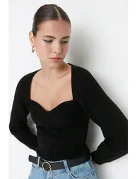 Black Crop Heart Collar Knitwear Sweater - 1