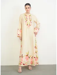 Off-White Floral Print Jalabiya - 2