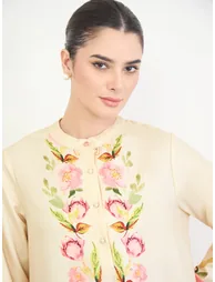 Off-White Floral Print Jalabiya - 3