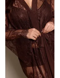 Plus Chocolate Eyelash Flute Sleeve Maxi Lace Robe - 4
