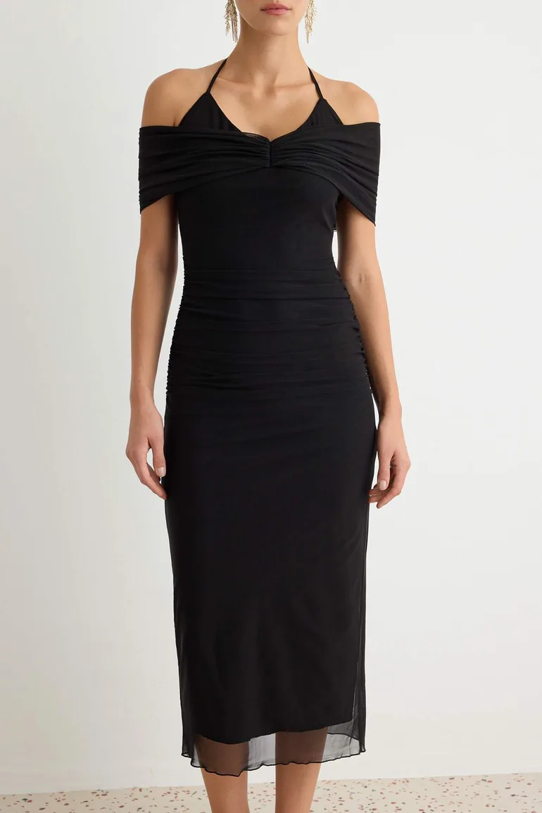 Black Draped Tulle Midi Lined Party Dress - 6