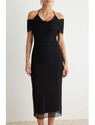 Black Draped Tulle Midi Lined Party Dress - 6