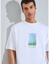 Men White Oversized Digital Print Cotton Terry T-Shirt - 1