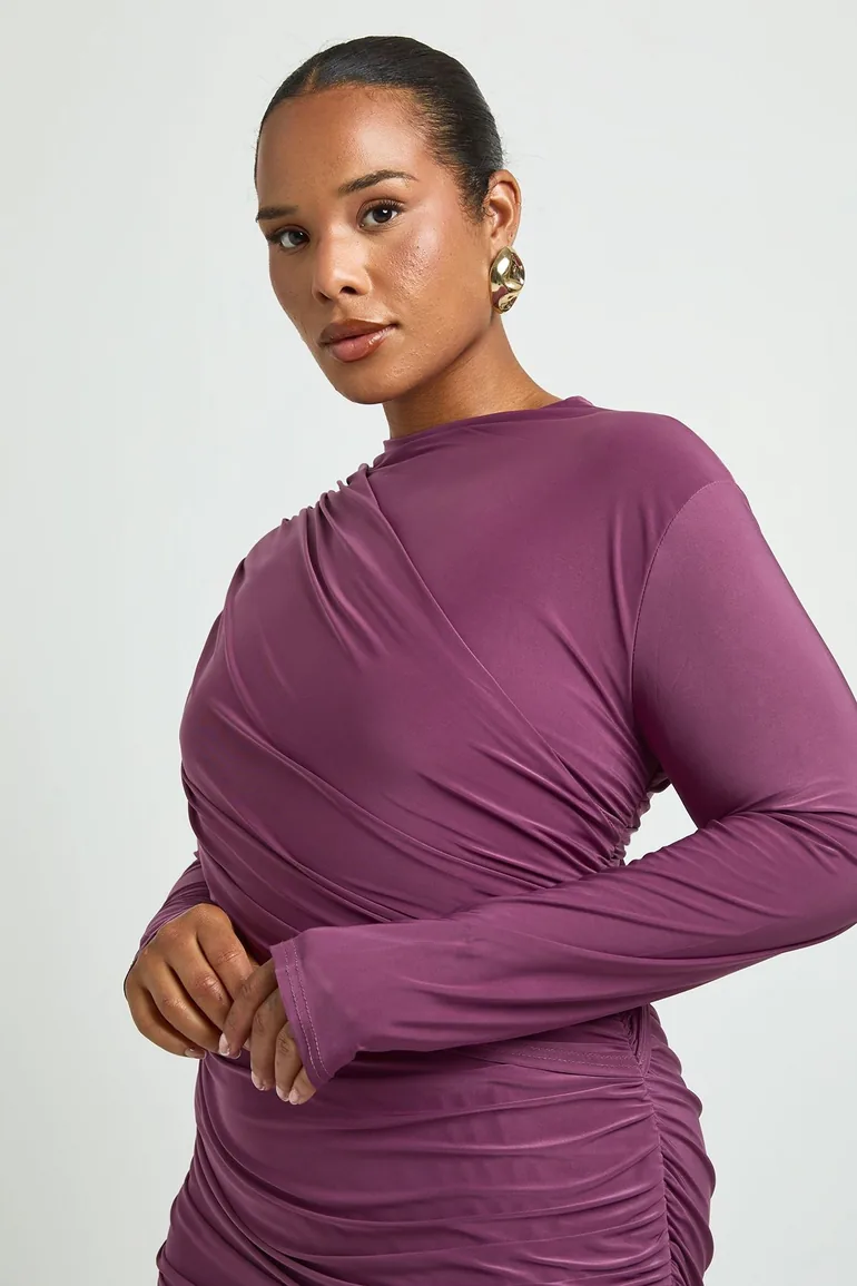 Plus Ruched Long Sleeve Drape Detail Mini Dress - rose - 3