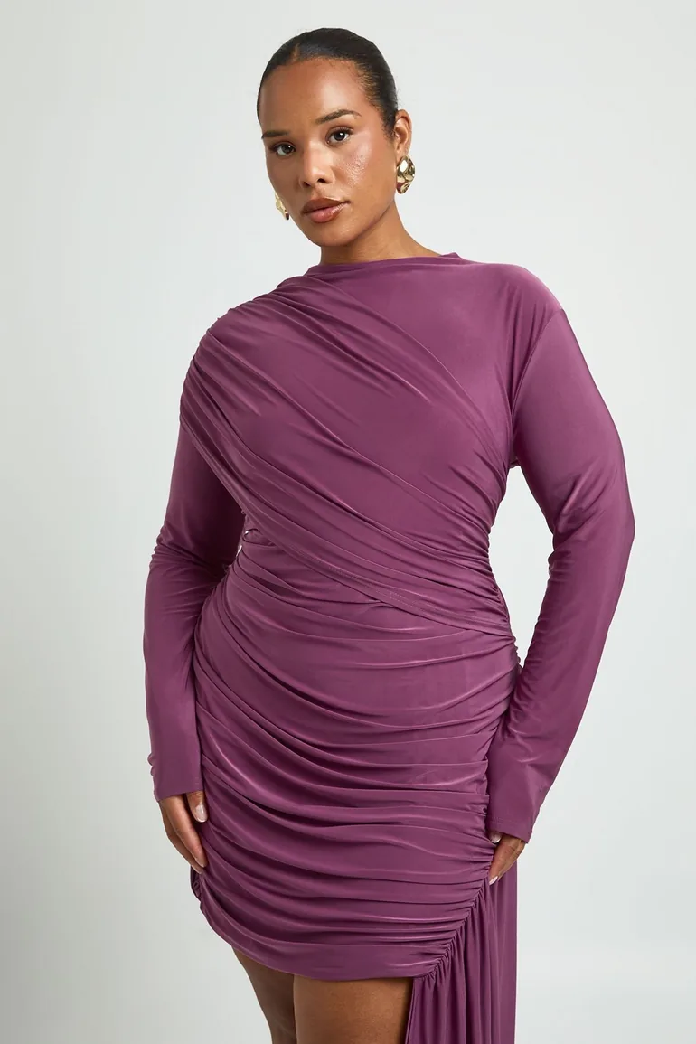 Plus Ruched Long Sleeve Drape Detail Mini Dress - rose - 1