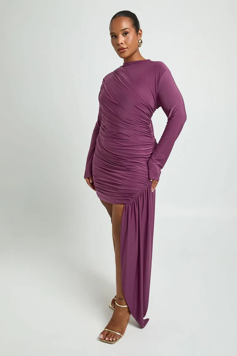 Plus Ruched Long Sleeve Drape Detail Mini Dress - rose