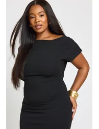 Plus Crepe Asymmetric Neck Drape Midi Dress - black - 3
