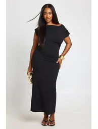 Plus Crepe Asymmetric Neck Drape Midi Dress - black