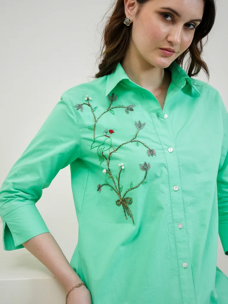 Green Cotton Beaded Shirt and Pants Co-ords - 5