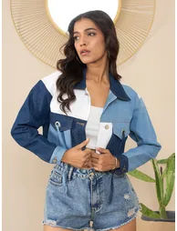 Women Color Block Crop Denim Jacket