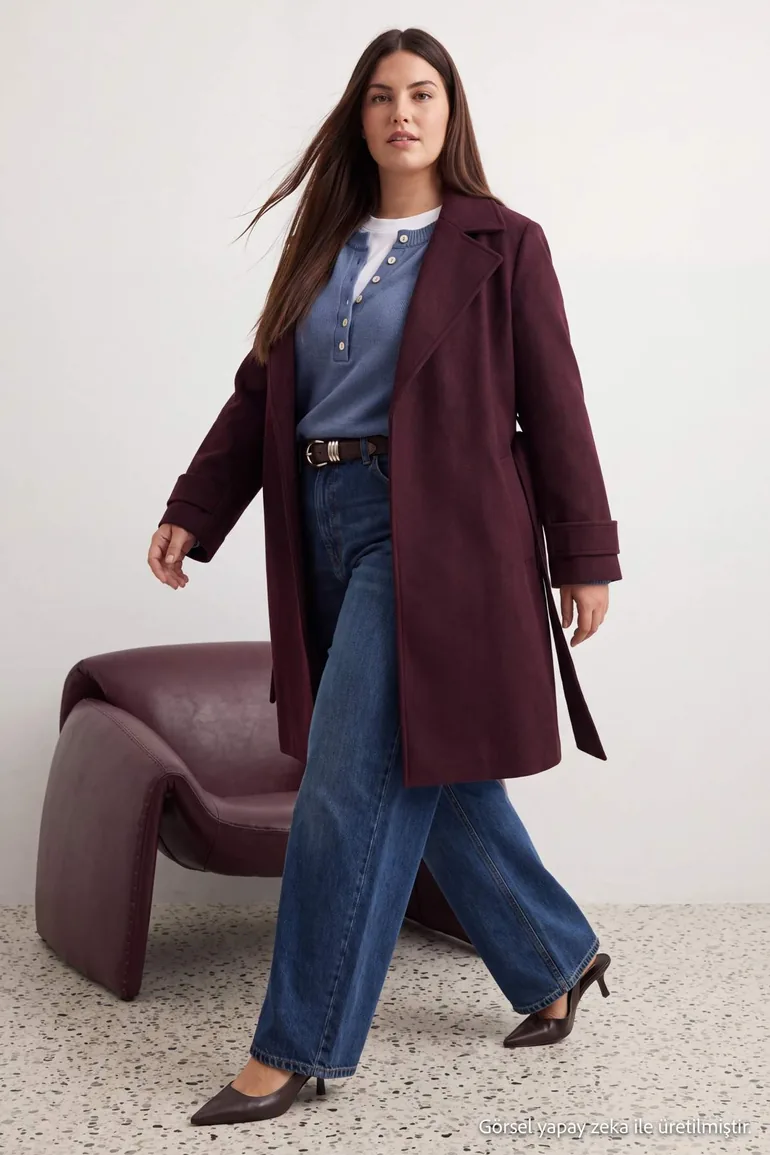 Mürdüm Regular Fit Wide Collar Detailed Long Wool Blend Cashmere Plus Size Coat - 1