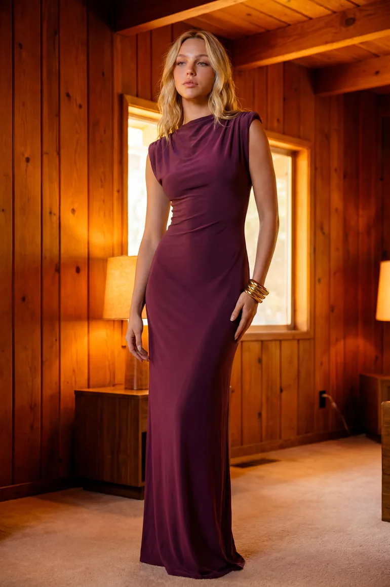 Shoulder Pad Backless Drop Waist Maxi Dress - plum