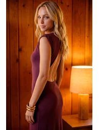 Shoulder Pad Backless Drop Waist Maxi Dress - plum - 3