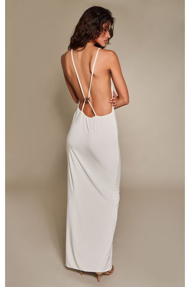 Cream Double Layer Slinky Scoop Neck Open Back Trim Detail Maxi Dress product thumbnail 4