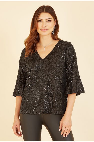 Yumi Black Sequin Top With Fluted Sleeve product thumbnail 4