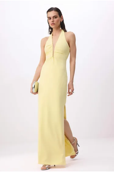 Yellow Deep V-Neck Woven Maxi Evening & Prom Dress