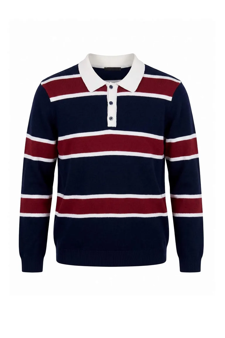 Navy Blue-Claret Red Regular/Normal Cut Premium/Special Yarn Polo Collar Knitwear Sweater - 2