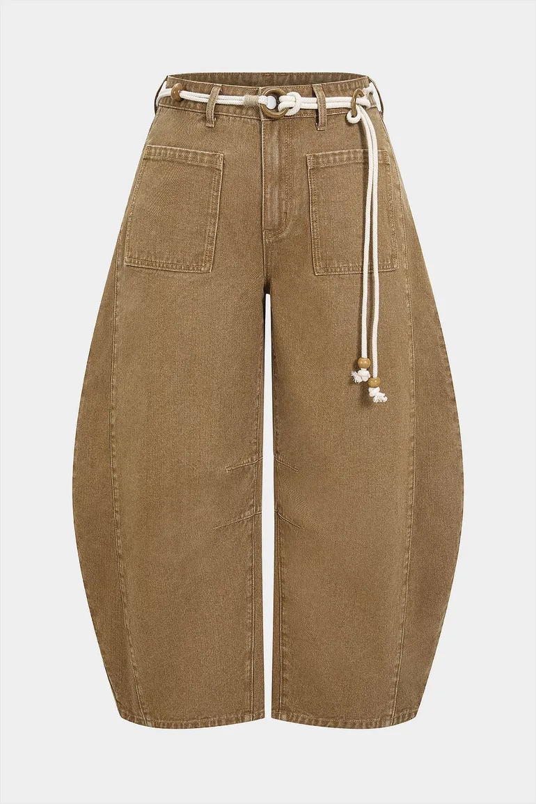 Plus Size Denim Low Waist Beaded Belted Jeans - 3