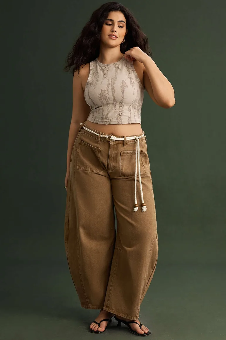 Plus Size Denim Low Waist Beaded Belted Jeans