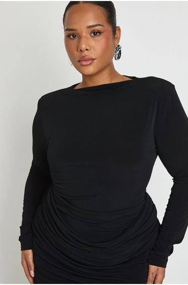 Plus Slinky Shoulder Pad Drape Ruched Dress - black product thumbnail 4