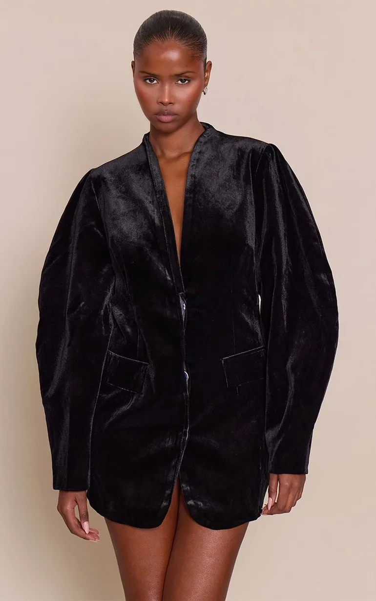 Black Velvet Balloon Sleeve Blazer Dress - 5