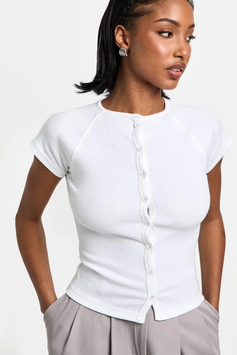 Rib Button Through Cap Sleeve Top - white - 3