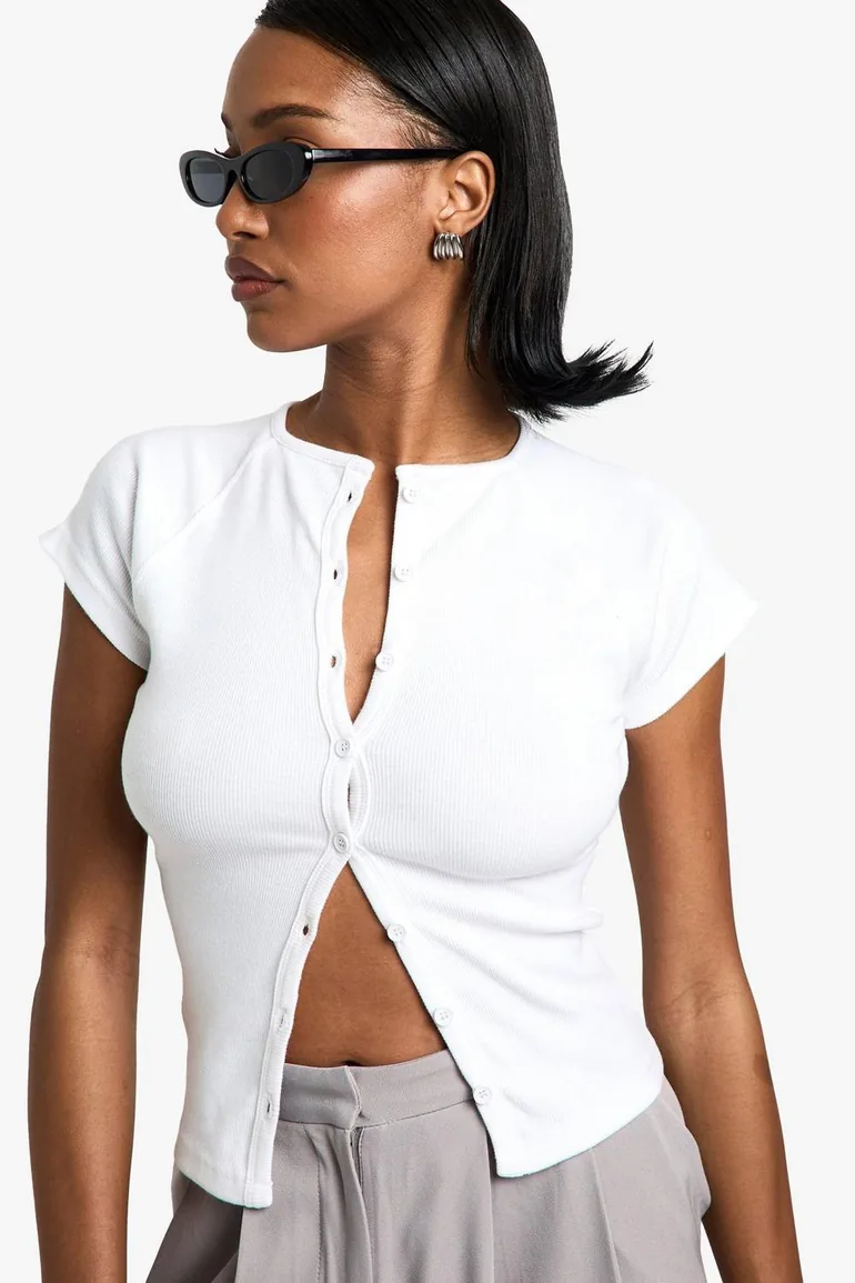 Rib Button Through Cap Sleeve Top - white - 1