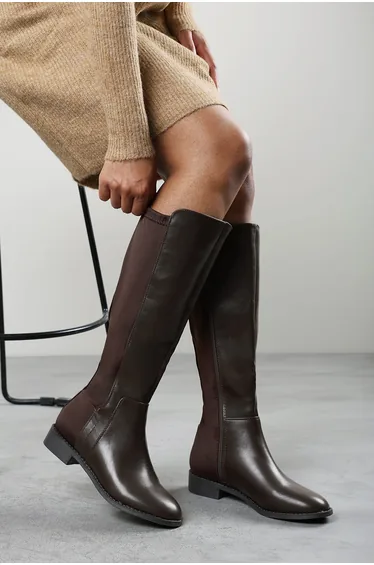 Jirelle Dark Brown Round Toe Knee High Boots with Side Zip Closure