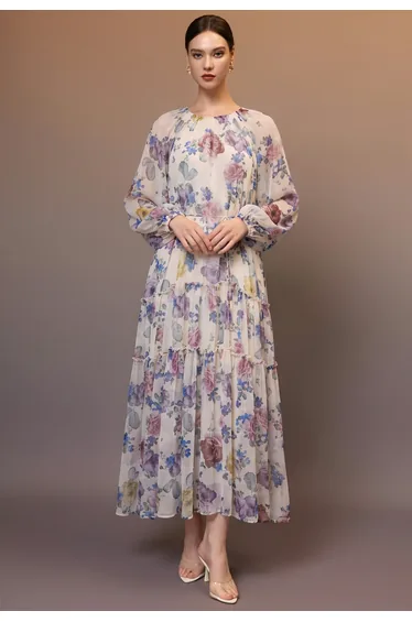 Blossomy Peony Puff Sleeve Ruffle Chiffon Maxi Dress in Cream for Garden Weddings & Dinner Dates