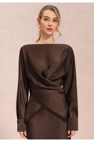 Scalloped Lace-Trim Crisscross Satin Top in Chocolate Brown for Bridal Events & Anniversary Dinners product thumbnail 2