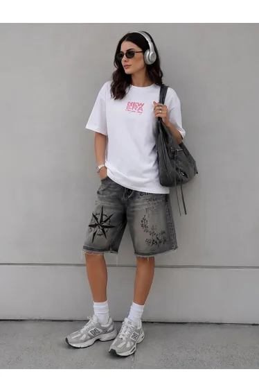 White Embroidered Slogan 100% Cotton Oversized T-Shirt