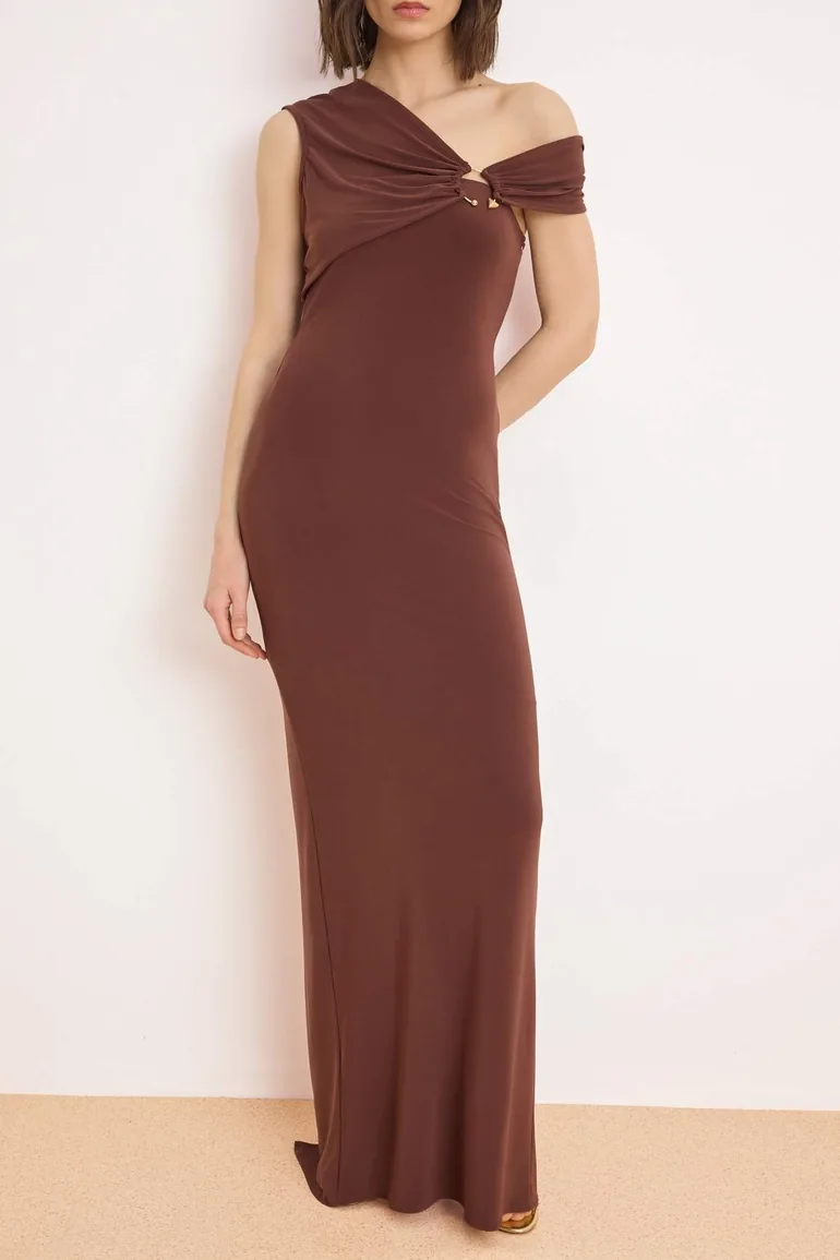 Brown Shirred / Drape Detailed Satin Maxi Evening & Graduation Dress - 2