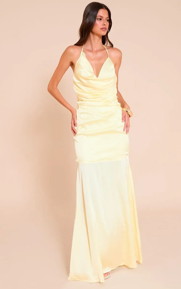 Lemon Satin Asymetric Drape Maxi Dress - 5