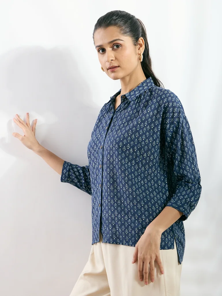 Navy Blue Viscose Printed Boxy Fit Shirt - 1