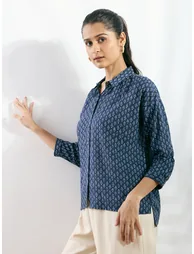Navy Blue Viscose Printed Boxy Fit Shirt - 1