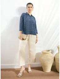 Navy Blue Viscose Printed Boxy Fit Shirt - 5