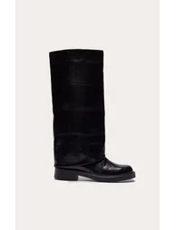 Black Croc Fold Over Knee High Boot - 1