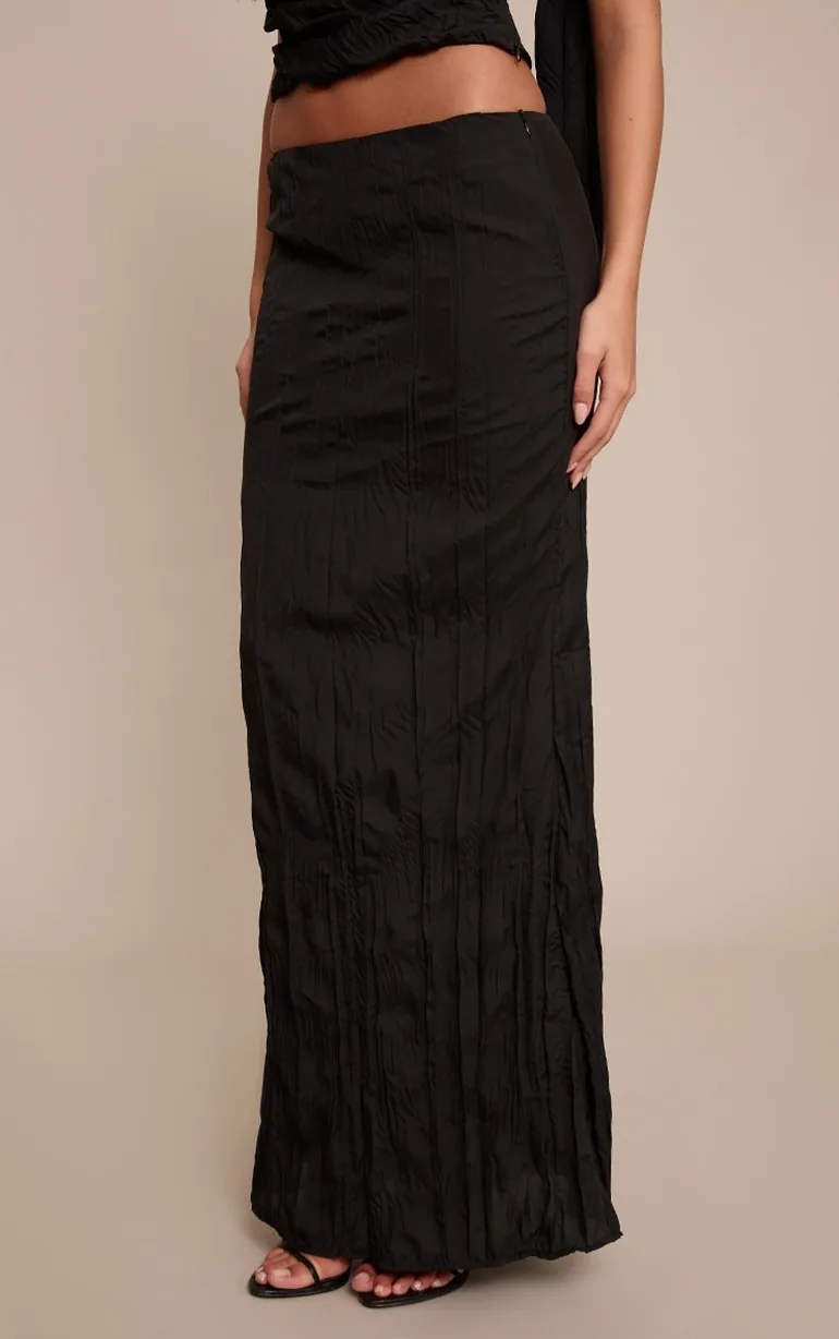 Black Crinkled Woven Maxi Skirt - 1