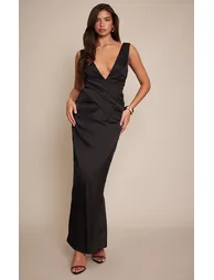 Black Satin Plunge Drape Maxi Dress - 5