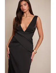 Black Satin Plunge Drape Maxi Dress - 3