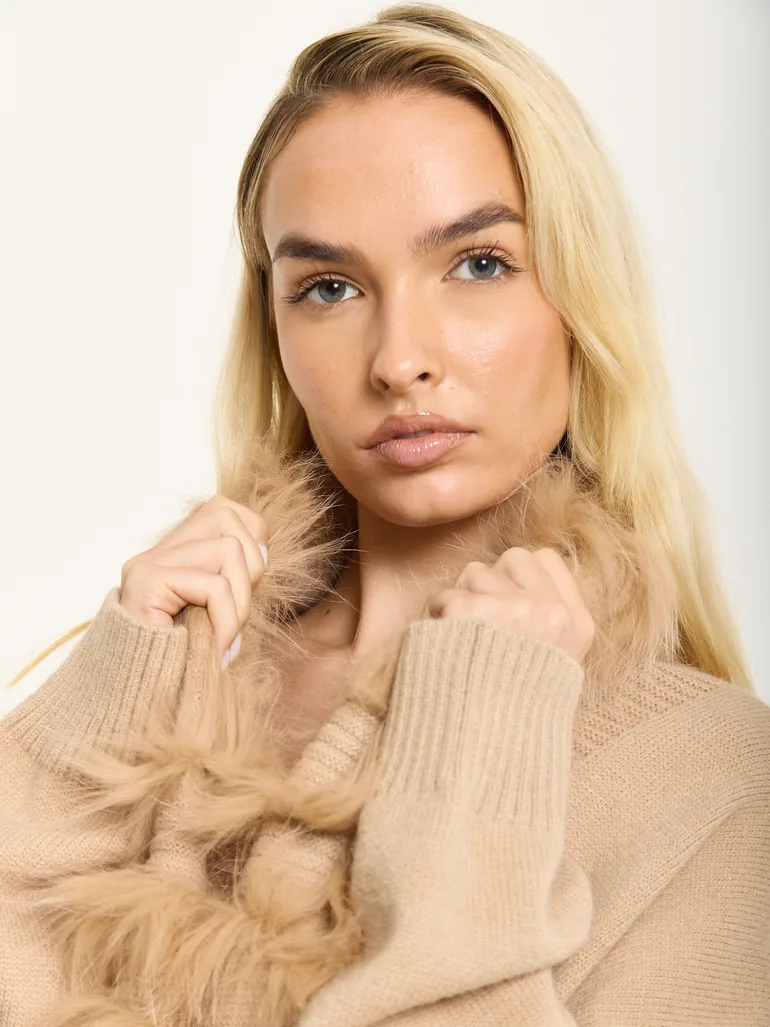 Camel Faux Fur Trim Belted Cardigan - 2