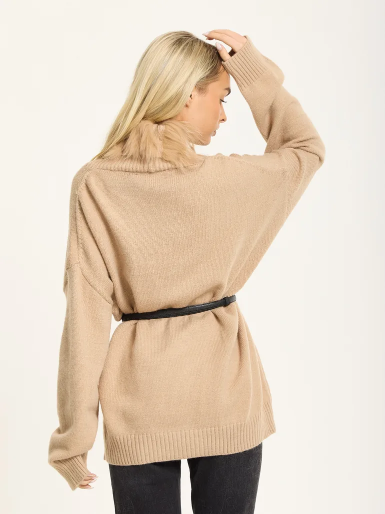 Camel Faux Fur Trim Belted Cardigan - 1