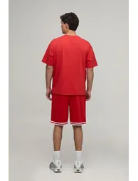 Man Star Applique Oversized T-Shirt & Basketball Short Set - red - 1