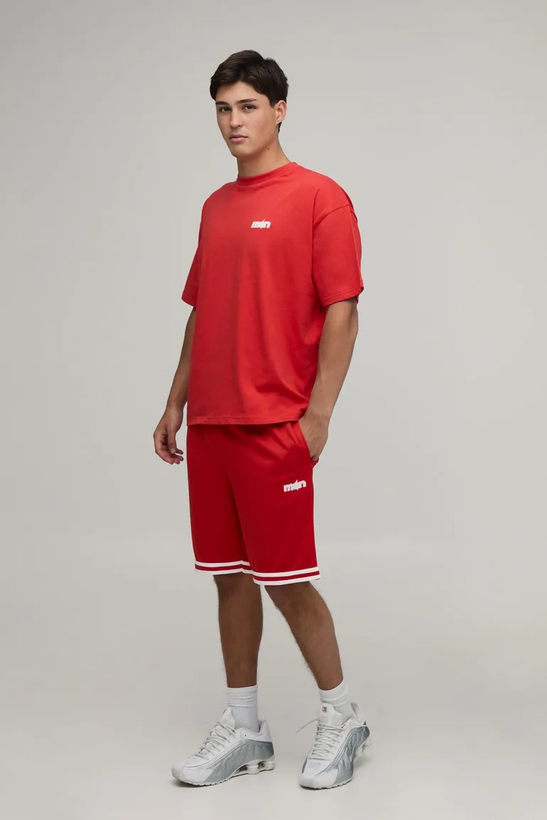 Man Star Applique Oversized T-Shirt & Basketball Short Set - red - 3